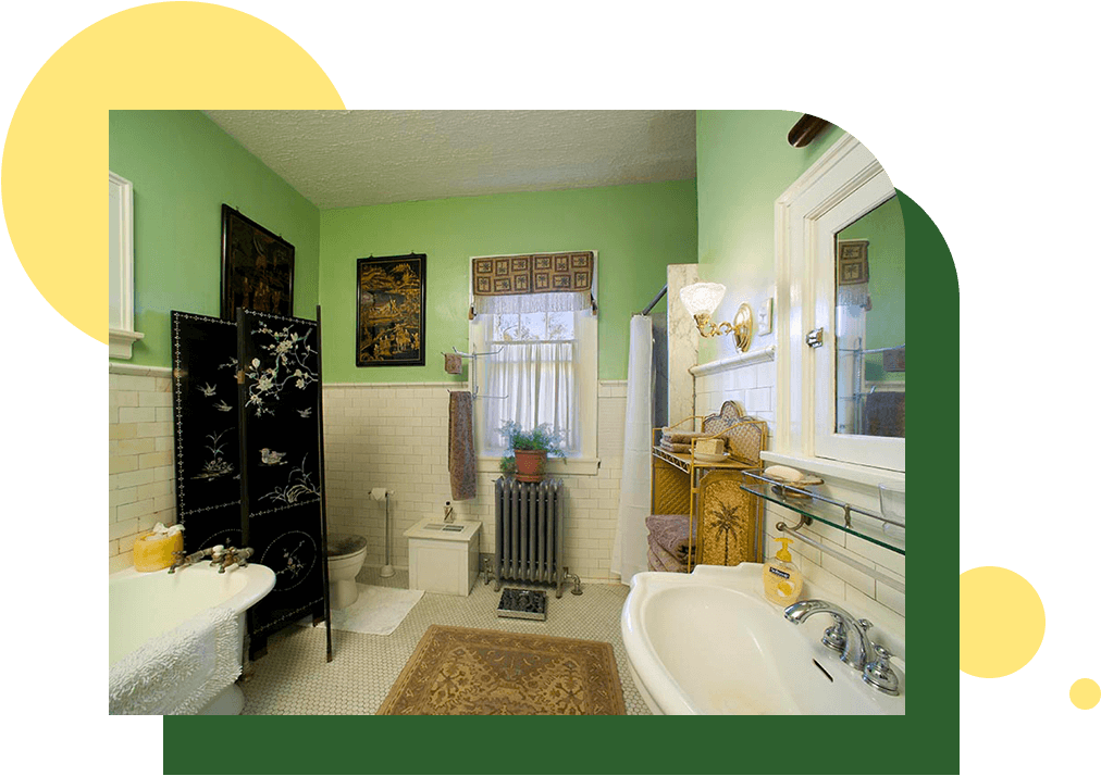 Central Bath with Asian Motif &amp; Oversize Tub, and Large Marble Shower